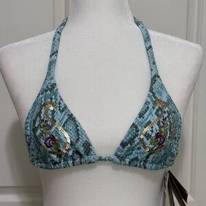 CIA.MARITIMA Blue Snakeskin Sequin Triangle String Bikini Top S